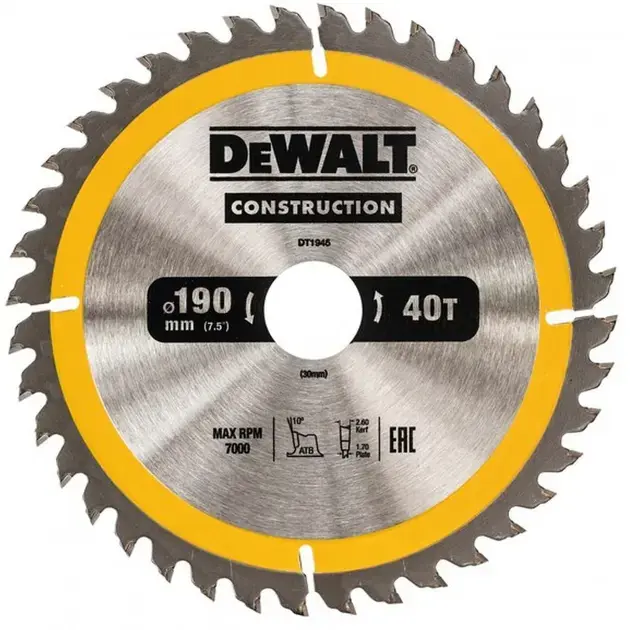 DeWALT – Lame de scie 190×30 mm, 40 dents DT1945